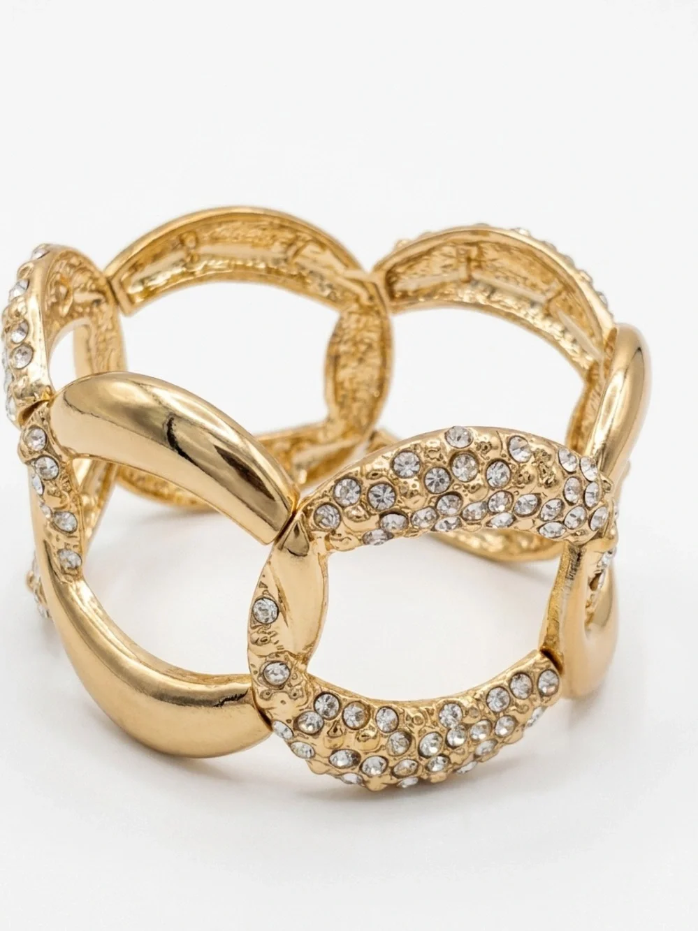 Vintage Style Gold-Tone Rhinestone Link Stretch Cuff Bracelet Sparkling Jewelry